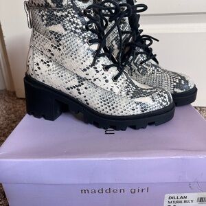 Madden Girl Women's Natural Multi Snake Print Combat Boots